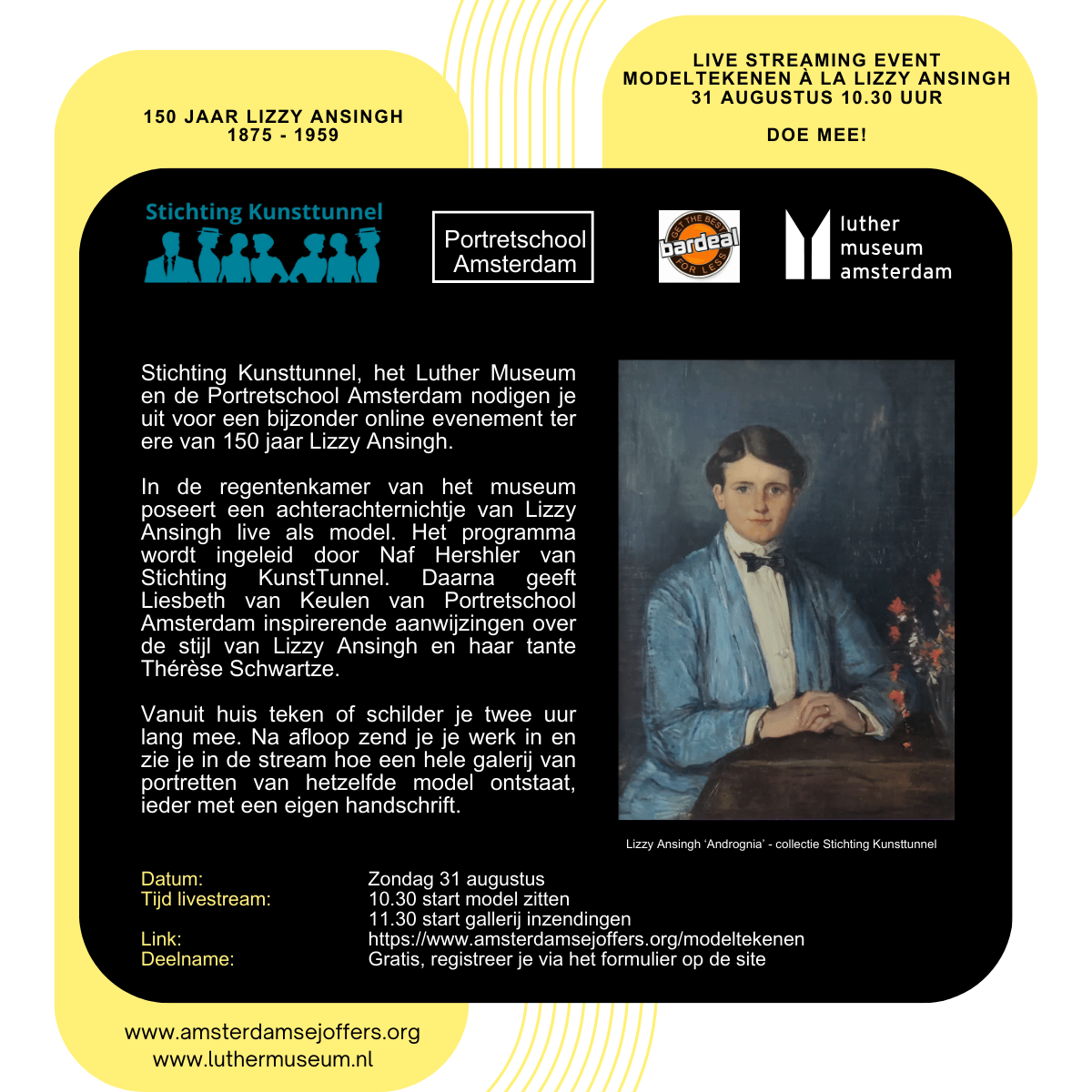 Uitnodiging.Online.Model.Schilderen.Lizzy.Ansingh.2025 Kunsttunnel.LutherMuseum.PortretschoolAmsterdam